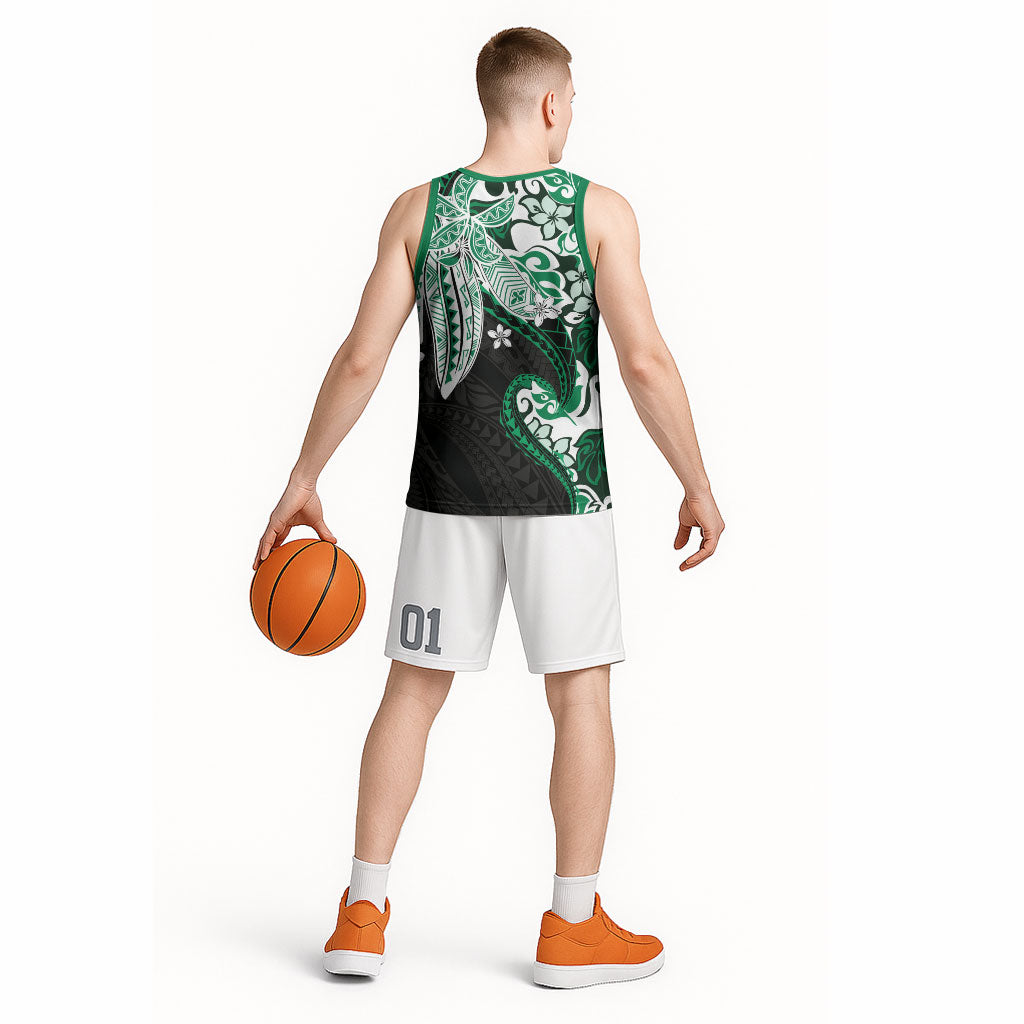 Monstera Plumeria Flowers Green Basketball Jersey Polynesian Pattern