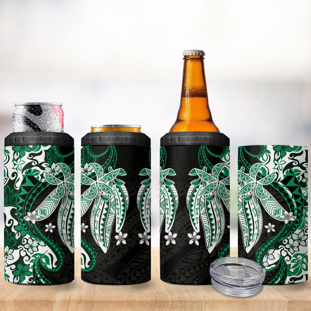 Monstera Plumeria Flowers Green 4 in 1 Can Cooler Tumbler Polynesian Pattern