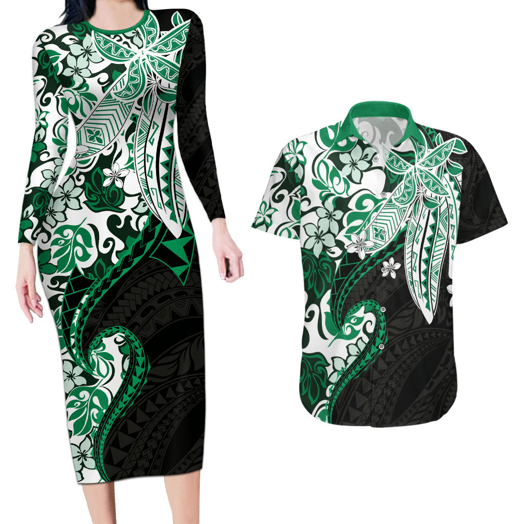 Monstera Plumeria Flowers Green Couples Matching Long Sleeve Bodycon Dress and Hawaiian Shirt Polynesian Pattern