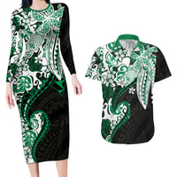 Monstera Plumeria Flowers Green Couples Matching Long Sleeve Bodycon Dress and Hawaiian Shirt Polynesian Pattern