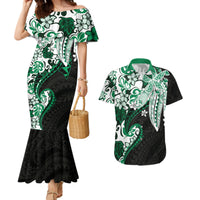 Monstera Plumeria Flowers Green Couples Matching Mermaid Dress and Hawaiian Shirt Polynesian Pattern