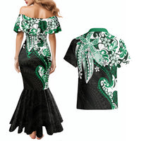 Monstera Plumeria Flowers Green Couples Matching Mermaid Dress and Hawaiian Shirt Polynesian Pattern