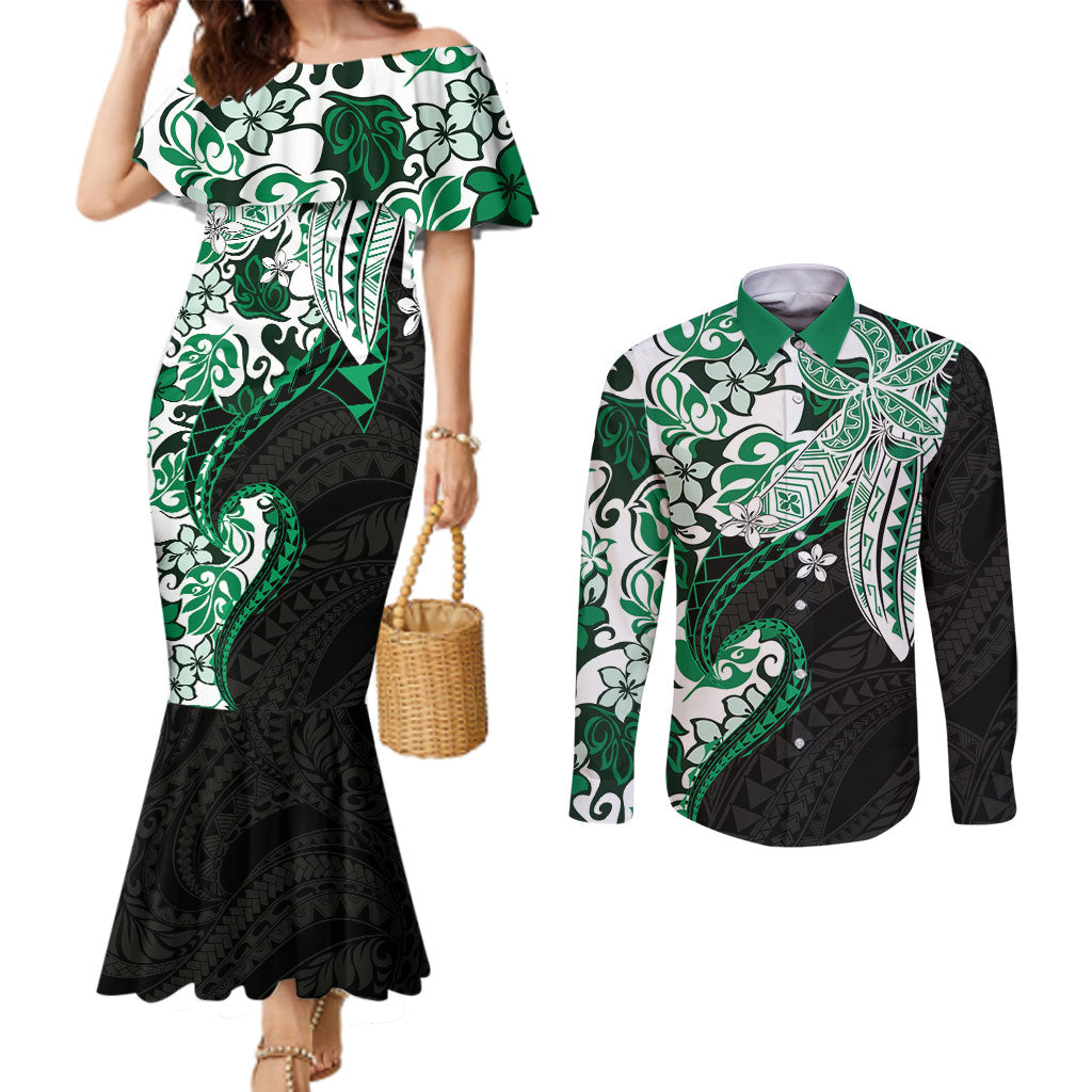 Monstera Plumeria Flowers Green Couples Matching Mermaid Dress and Long Sleeve Button Shirt Polynesian Pattern LT01 Green - Polynesian Pride