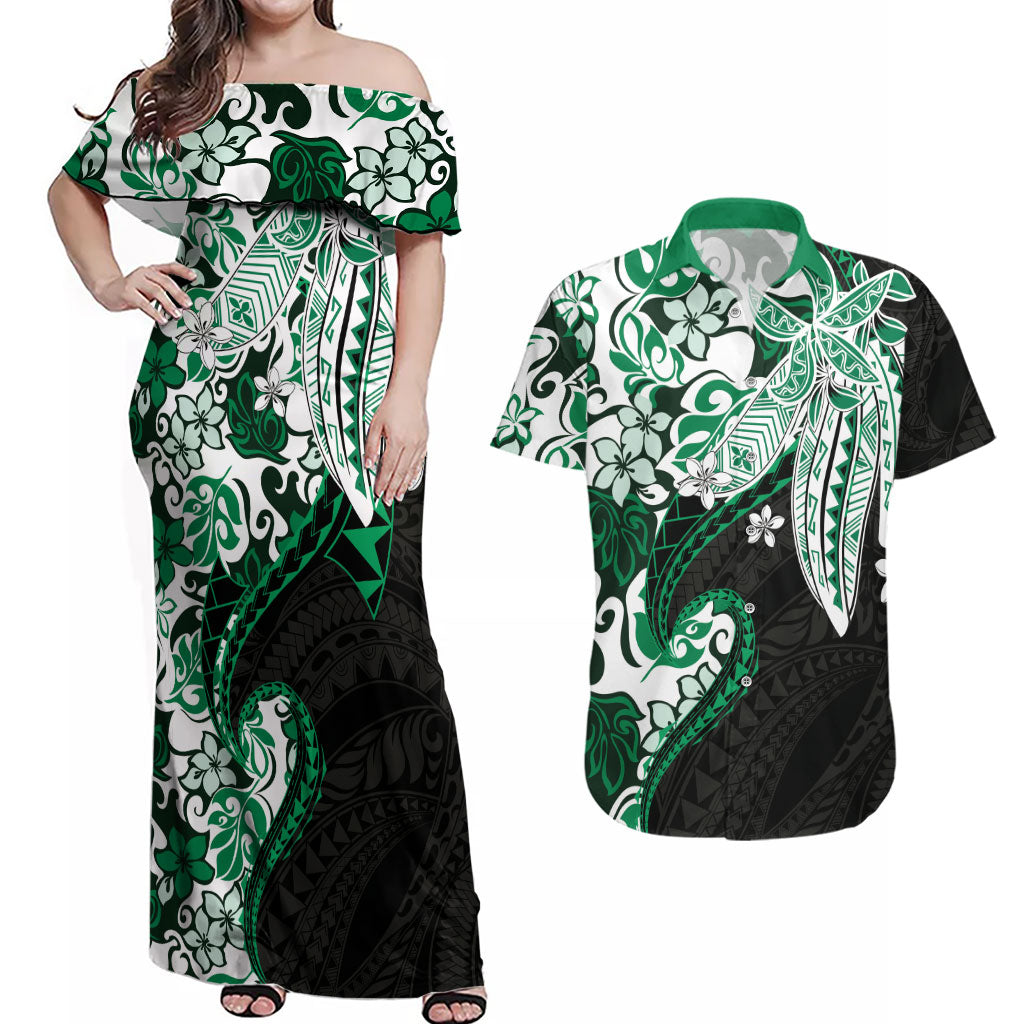 Monstera Plumeria Flowers Green Couples Matching Off Shoulder Maxi Dress and Hawaiian Shirt Polynesian Pattern LT01 Green - Polynesian Pride