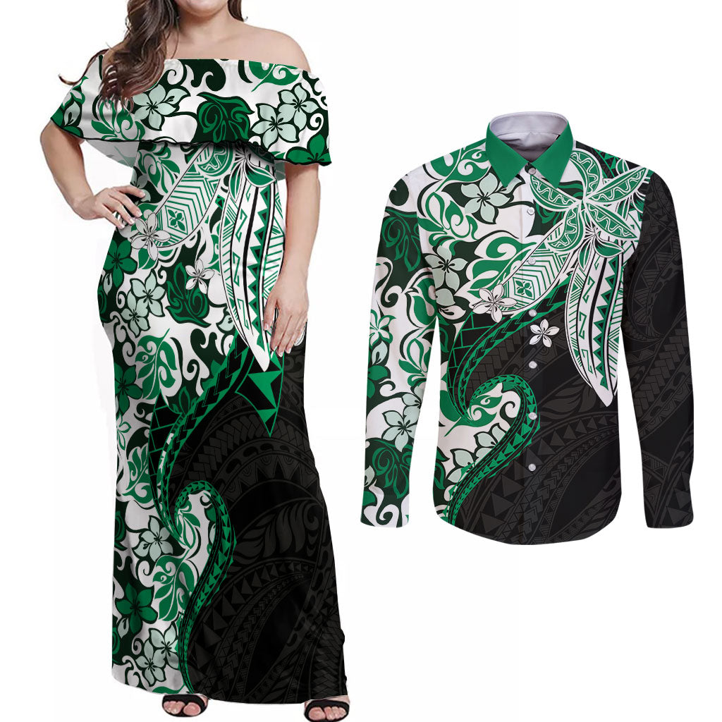 Monstera Plumeria Flowers Green Couples Matching Off Shoulder Maxi Dress and Long Sleeve Button Shirt Polynesian Pattern LT01 Green - Polynesian Pride