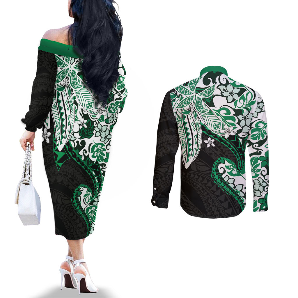 Monstera Plumeria Flowers Green Couples Matching Off The Shoulder Long Sleeve Dress and Long Sleeve Button Shirt Polynesian Pattern