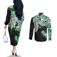 Monstera Plumeria Flowers Green Couples Matching Off The Shoulder Long Sleeve Dress and Long Sleeve Button Shirt Polynesian Pattern