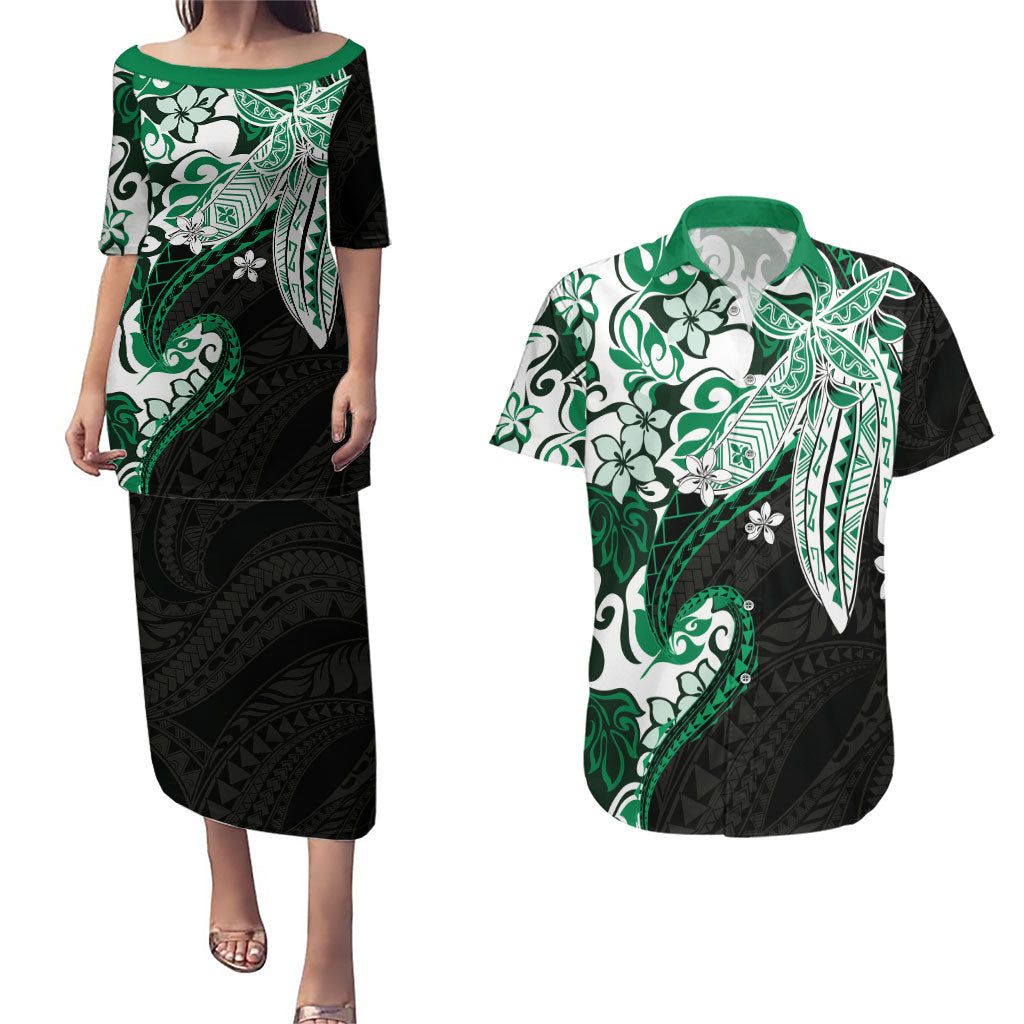 Monstera Plumeria Flowers Green Couples Matching Puletasi and Hawaiian Shirt Polynesian Pattern LT01 Green - Polynesian Pride