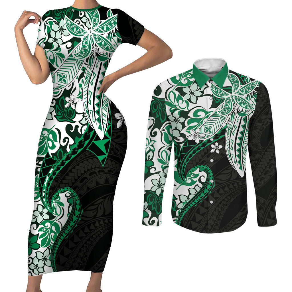 Monstera Plumeria Flowers Green Couples Matching Short Sleeve Bodycon Dress and Long Sleeve Button Shirt Polynesian Pattern LT01 Green - Polynesian Pride