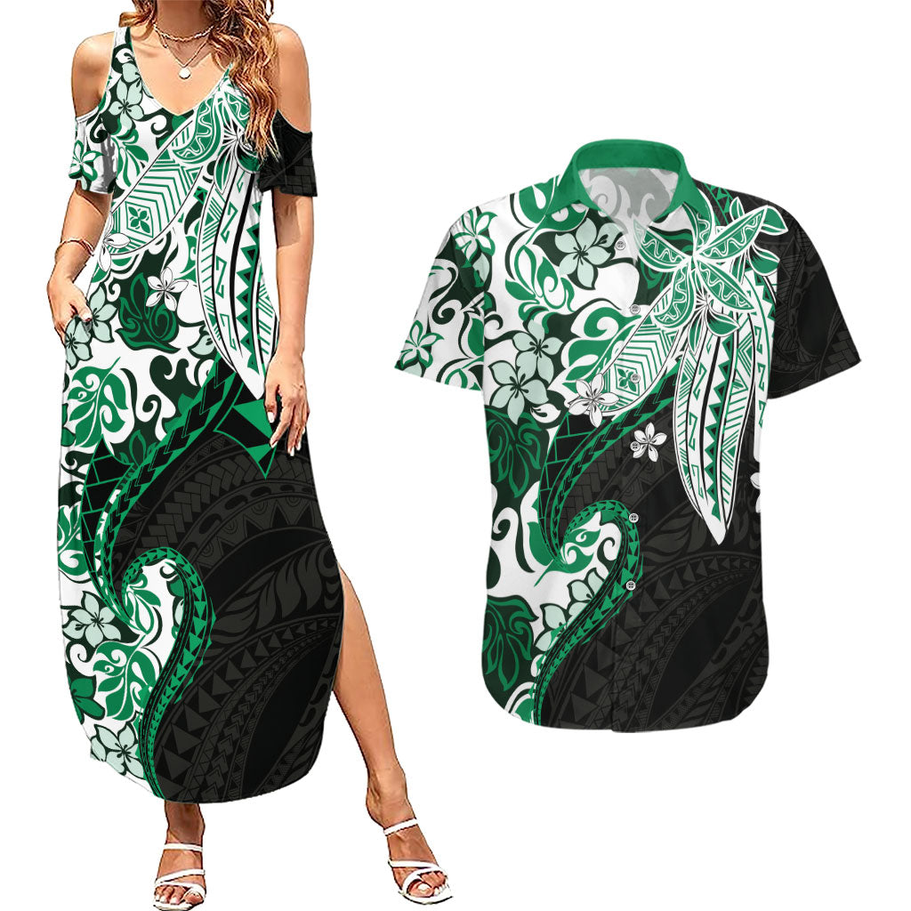 Monstera Plumeria Flowers Green Couples Matching Summer Maxi Dress and Hawaiian Shirt Polynesian Pattern LT01 Green - Polynesian Pride