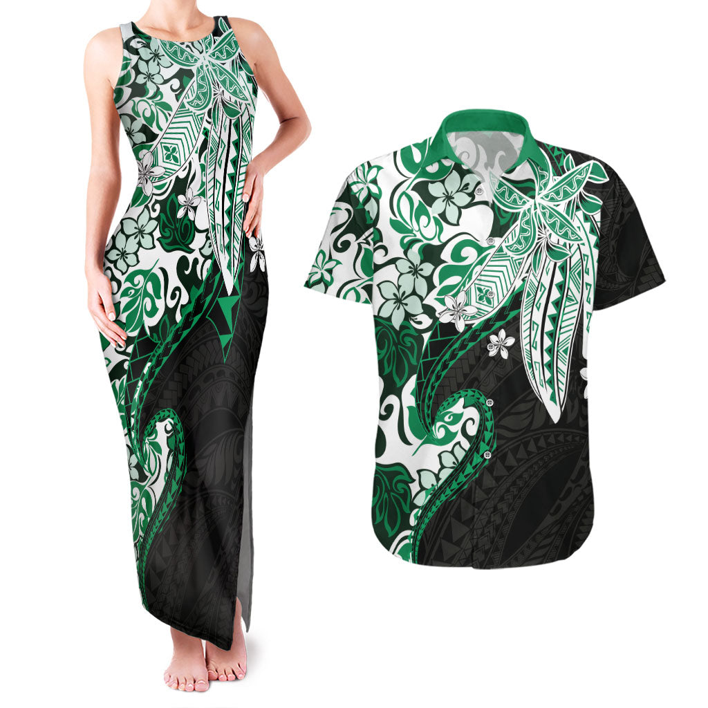 Monstera Plumeria Flowers Green Couples Matching Tank Maxi Dress and Hawaiian Shirt Polynesian Pattern LT01 Green - Polynesian Pride