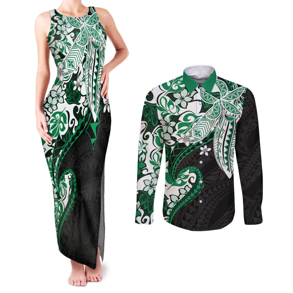 Monstera Plumeria Flowers Green Couples Matching Tank Maxi Dress and Long Sleeve Button Shirt Polynesian Pattern LT01 Green - Polynesian Pride