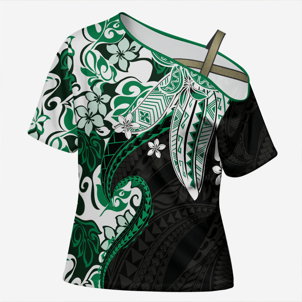Monstera Plumeria Flowers Green Cross Shoulder Shirt Polynesian Pattern LT01 Female Green - Polynesian Pride