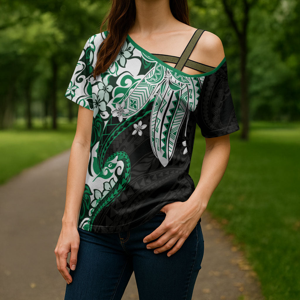 Monstera Plumeria Flowers Green Cross Shoulder Shirt Polynesian Pattern LT01 - Polynesian Pride