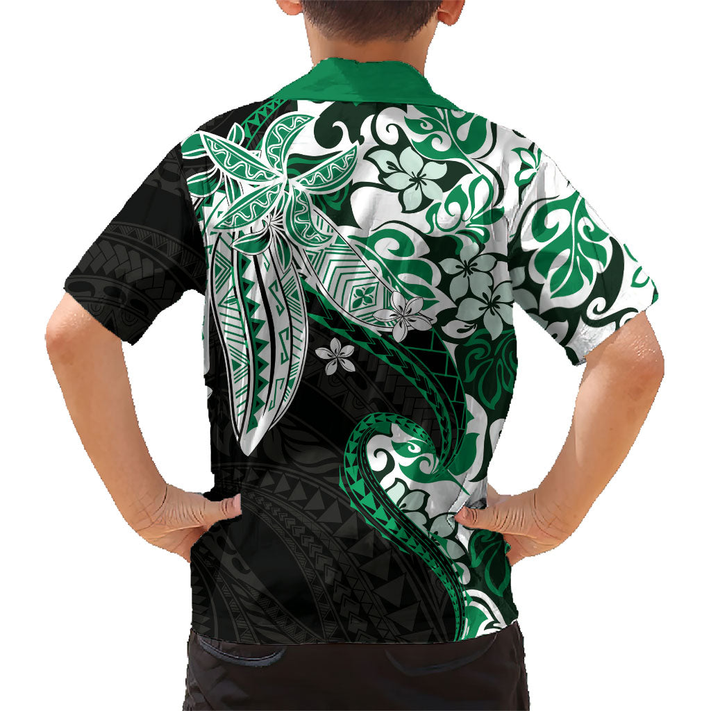 Monstera Plumeria Flowers Green Family Matching Long Sleeve Bodycon Dress and Hawaiian Shirt Polynesian Pattern