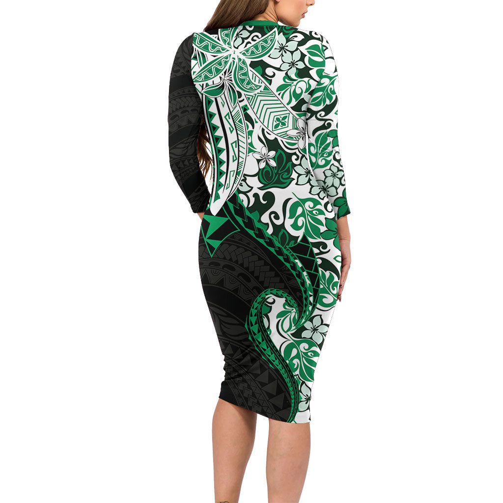 Monstera Plumeria Flowers Green Family Matching Long Sleeve Bodycon Dress and Hawaiian Shirt Polynesian Pattern