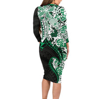 Monstera Plumeria Flowers Green Family Matching Long Sleeve Bodycon Dress and Hawaiian Shirt Polynesian Pattern