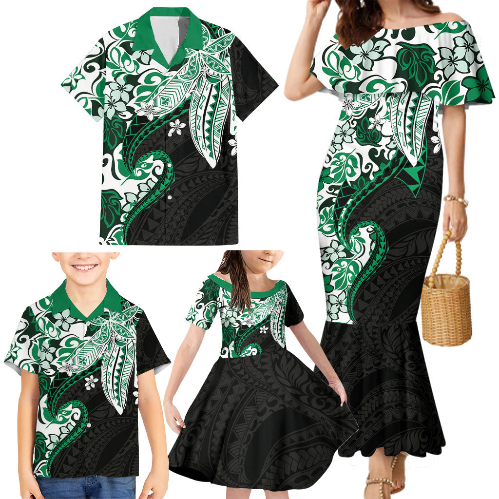 Monstera Plumeria Flowers Green Family Matching Mermaid Dress and Hawaiian Shirt Polynesian Pattern