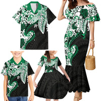 Monstera Plumeria Flowers Green Family Matching Mermaid Dress and Hawaiian Shirt Polynesian Pattern