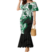 Monstera Plumeria Flowers Green Family Matching Mermaid Dress and Hawaiian Shirt Polynesian Pattern