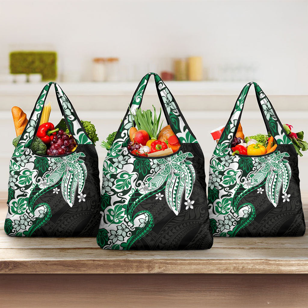 Monstera Plumeria Flowers Green Grocery Bag Polynesian Pattern