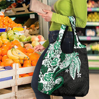 Monstera Plumeria Flowers Green Grocery Bag Polynesian Pattern