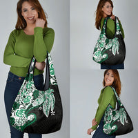 Monstera Plumeria Flowers Green Grocery Bag Polynesian Pattern