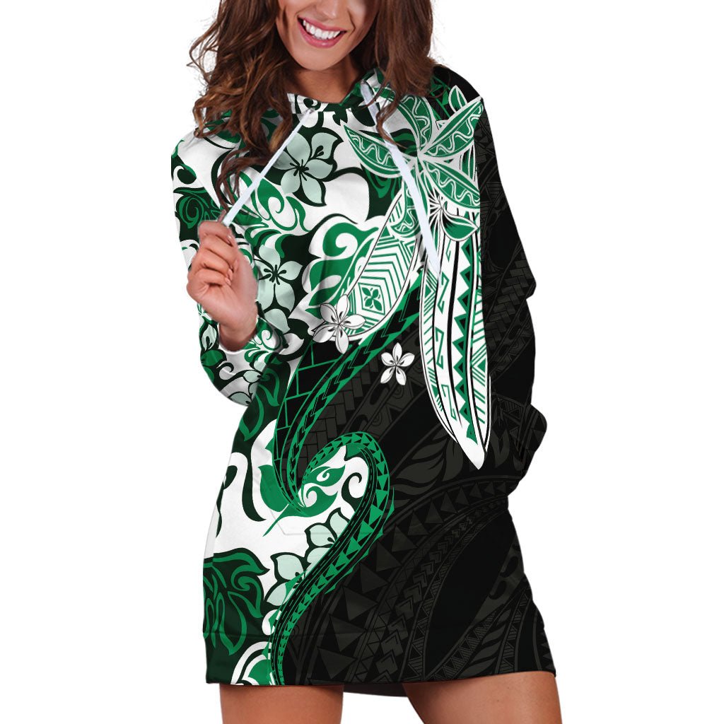 Monstera Plumeria Flowers Green Hoodie Dress Polynesian Pattern LT01 Green - Polynesian Pride