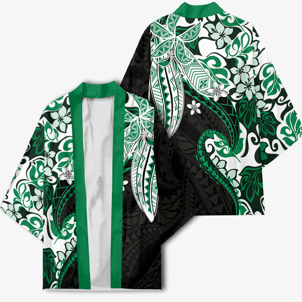Monstera Plumeria Flowers Green Kimono Polynesian Pattern