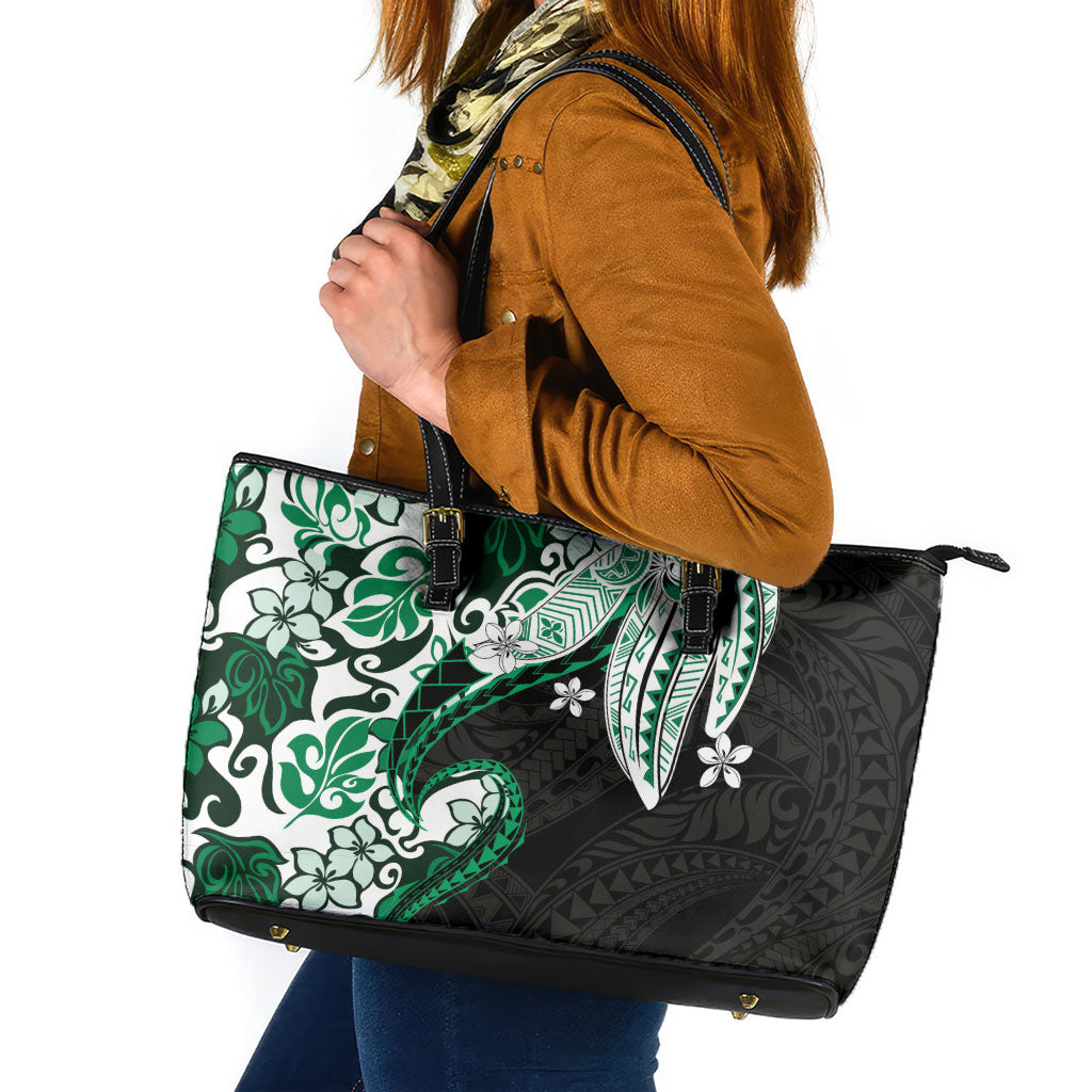 Monstera Plumeria Flowers Green Leather Tote Bag Polynesian Pattern