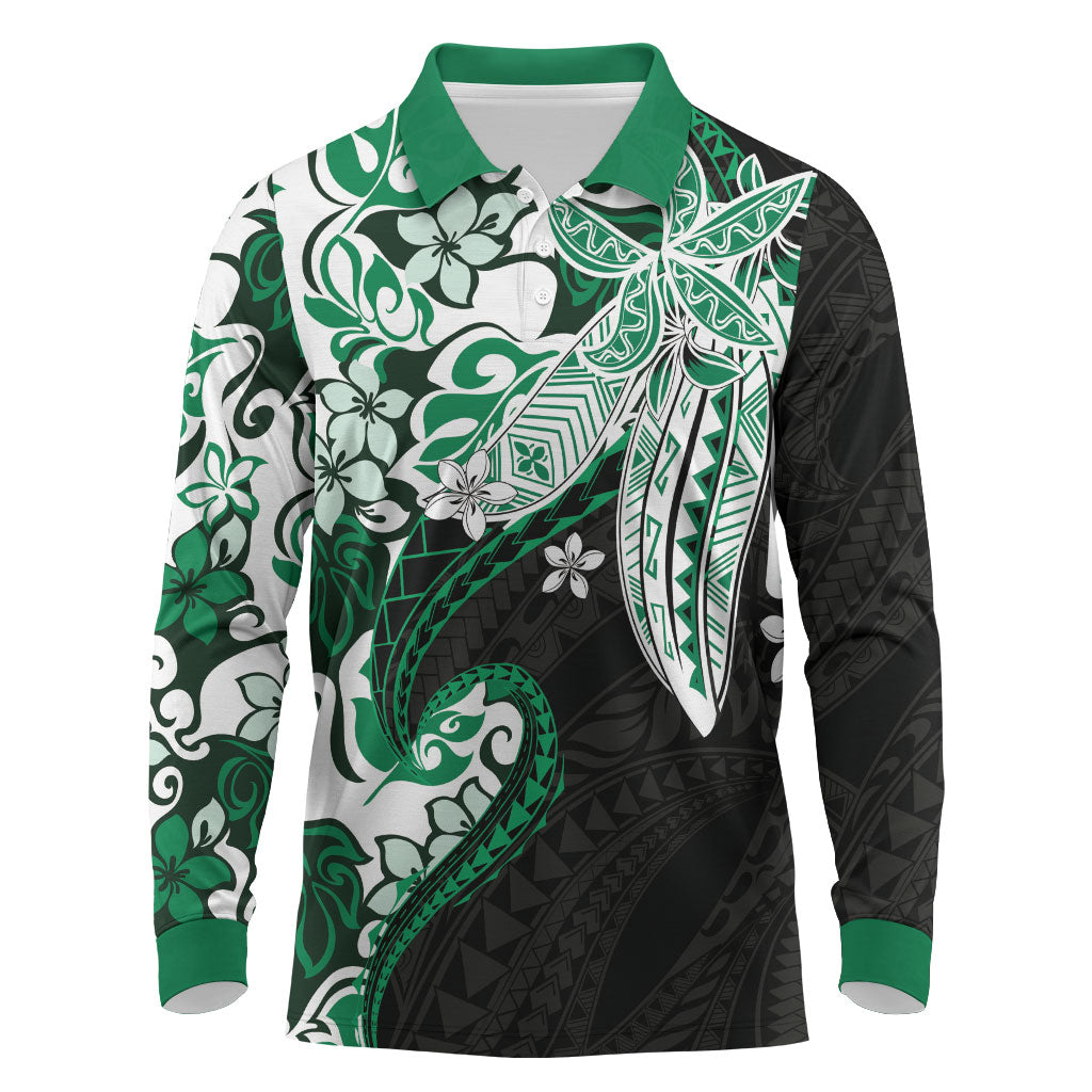 Monstera Plumeria Flowers Green Long Sleeve Polo Shirt Polynesian Pattern LT01 Green - Polynesian Pride