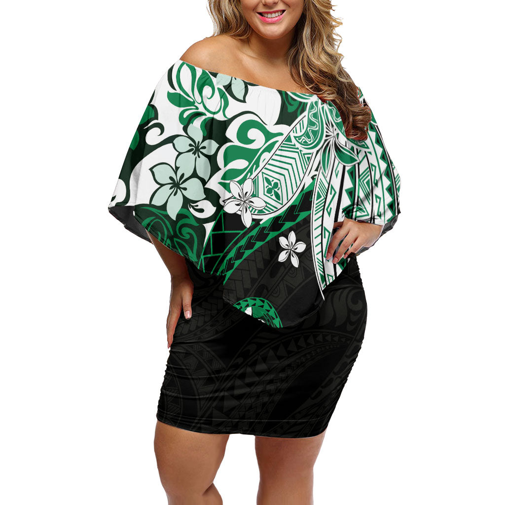 Monstera Plumeria Flowers Green Off Shoulder Short Dress Polynesian Pattern LT01 Women Green - Polynesian Pride