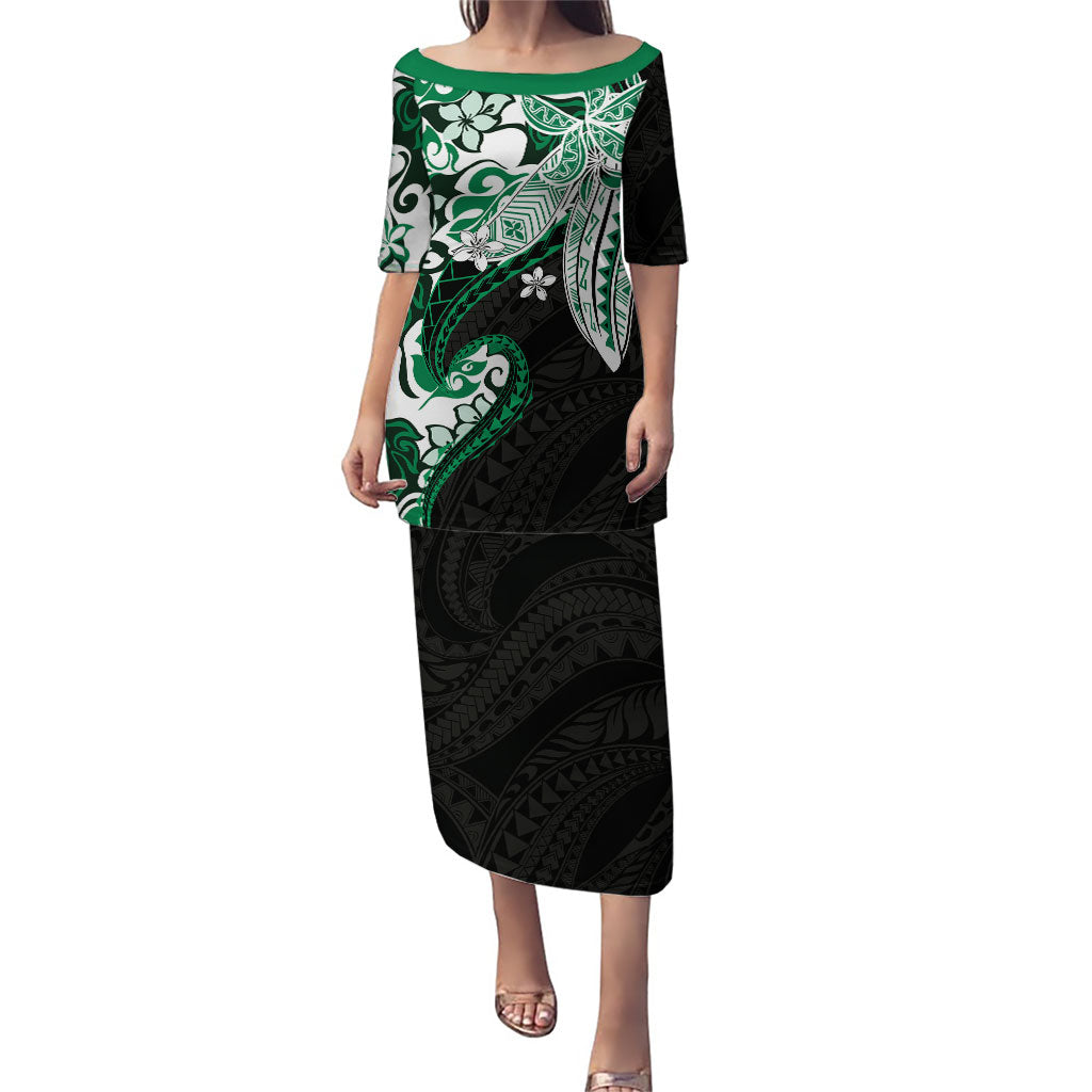 Monstera Plumeria Flowers Green Puletasi Polynesian Pattern LT01 Long Dress Green - Polynesian Pride