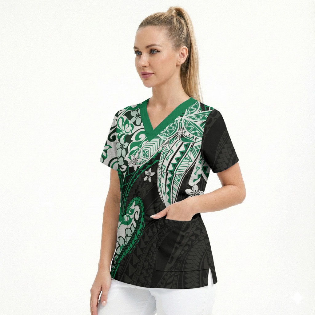 Monstera Plumeria Flowers Green Scrub Top Polynesian Pattern LT01 - Polynesian Pride