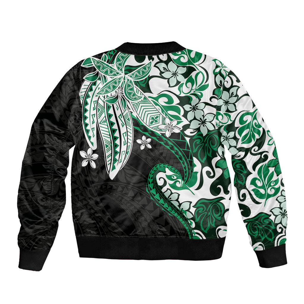 Monstera Plumeria Flowers Green Sleeve Zip Bomber Jacket Polynesian Pattern LT01 - Polynesian Pride
