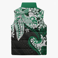 Monstera Plumeria Flowers Green Sleeveless Puffer Jacket Polynesian Pattern