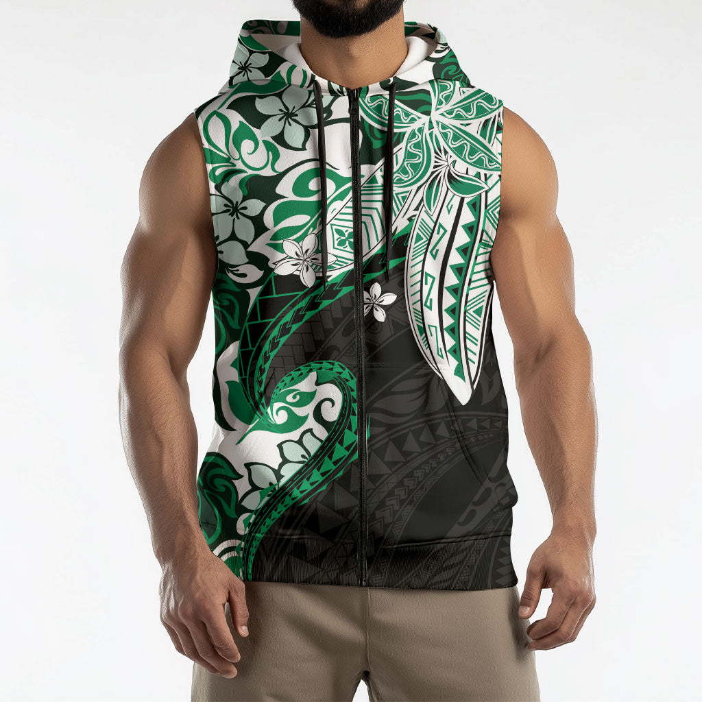 Monstera Plumeria Flowers Green Sleeveless Zip Hoodie Polynesian Pattern LT01 - Polynesian Pride