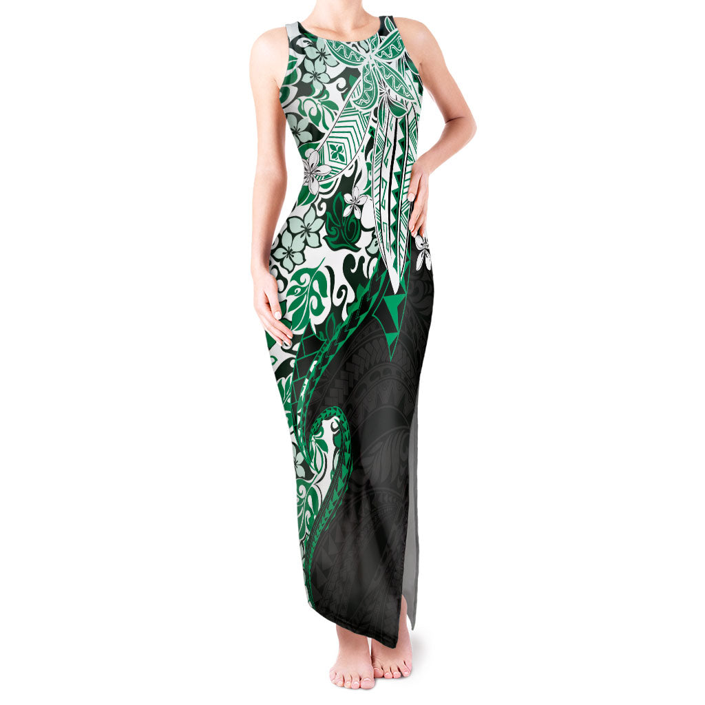 Monstera Plumeria Flowers Green Tank Maxi Dress Polynesian Pattern
