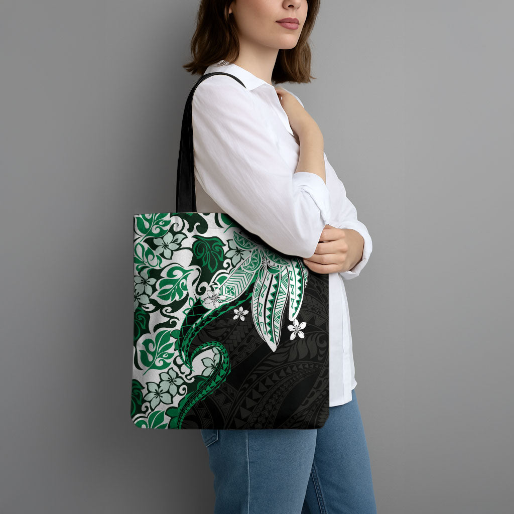 Monstera Plumeria Flowers Green Tote Bag Polynesian Pattern