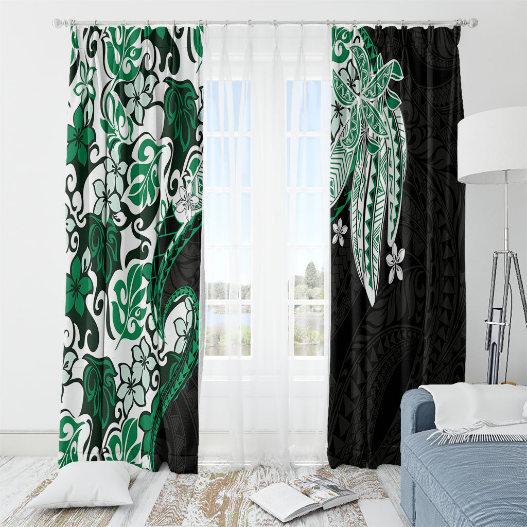 Monstera Plumeria Flowers Green Window Curtain Polynesian Pattern