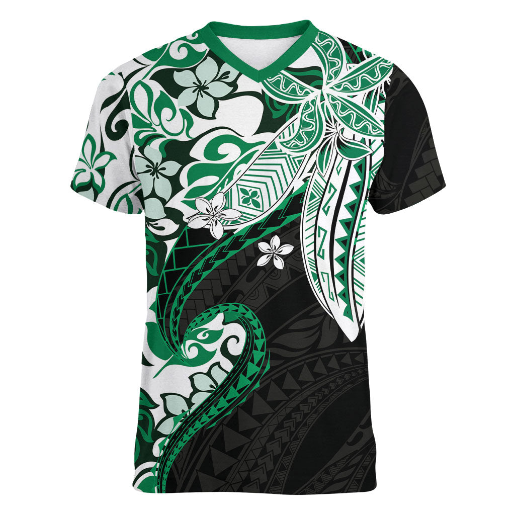Monstera Plumeria Flowers Green Women V-Neck T-Shirt Polynesian Pattern