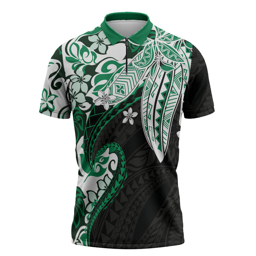 Monstera Plumeria Flowers Green Zipper Polo Shirt Polynesian Pattern