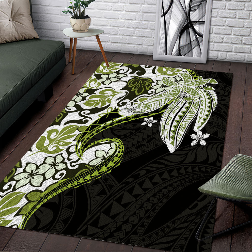 Monstera Plumeria Flowers Olive Green Area Rug Polynesian Pattern
