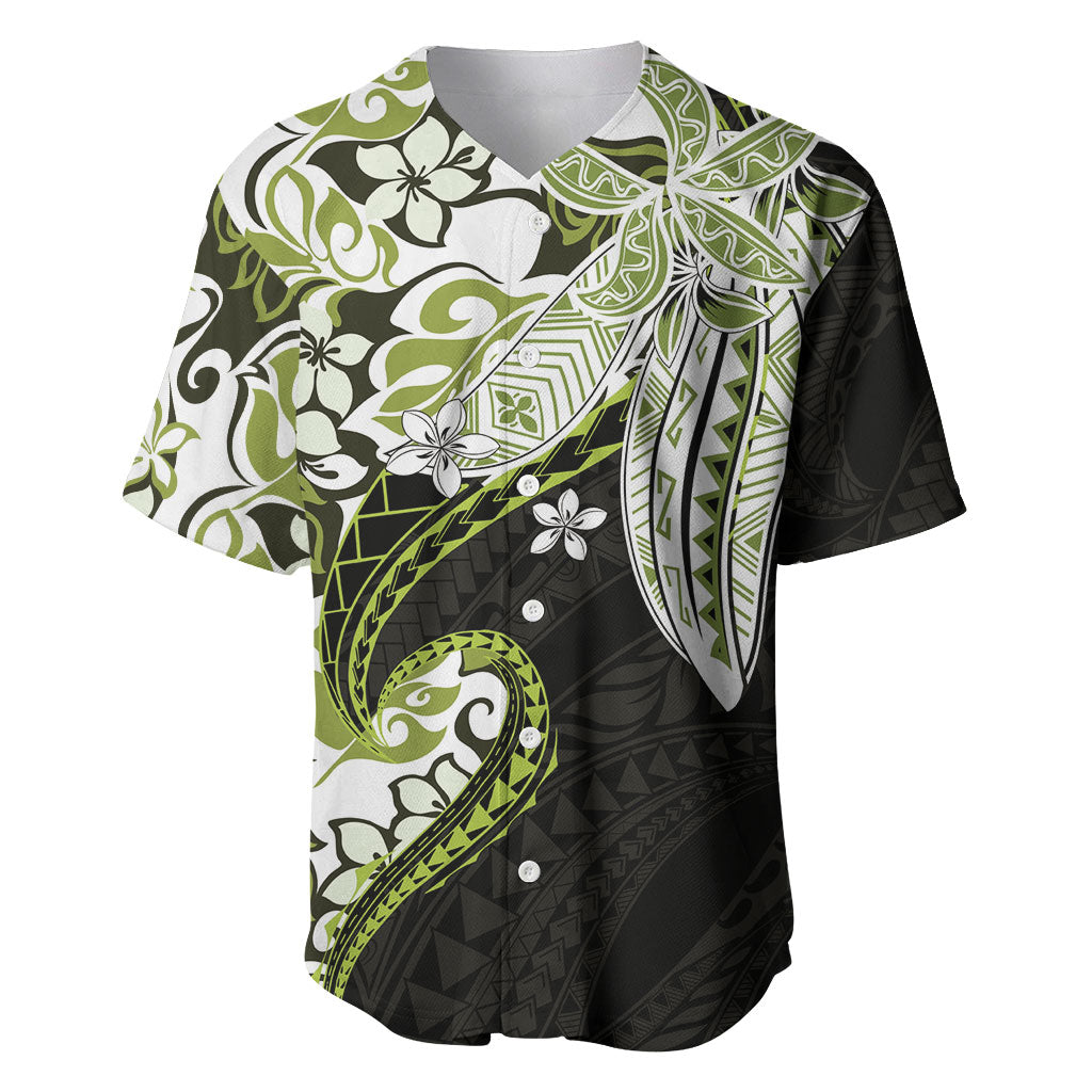 Monstera Plumeria Flowers Olive Green Baseball Jersey Polynesian Pattern LT01 Green - Polynesian Pride