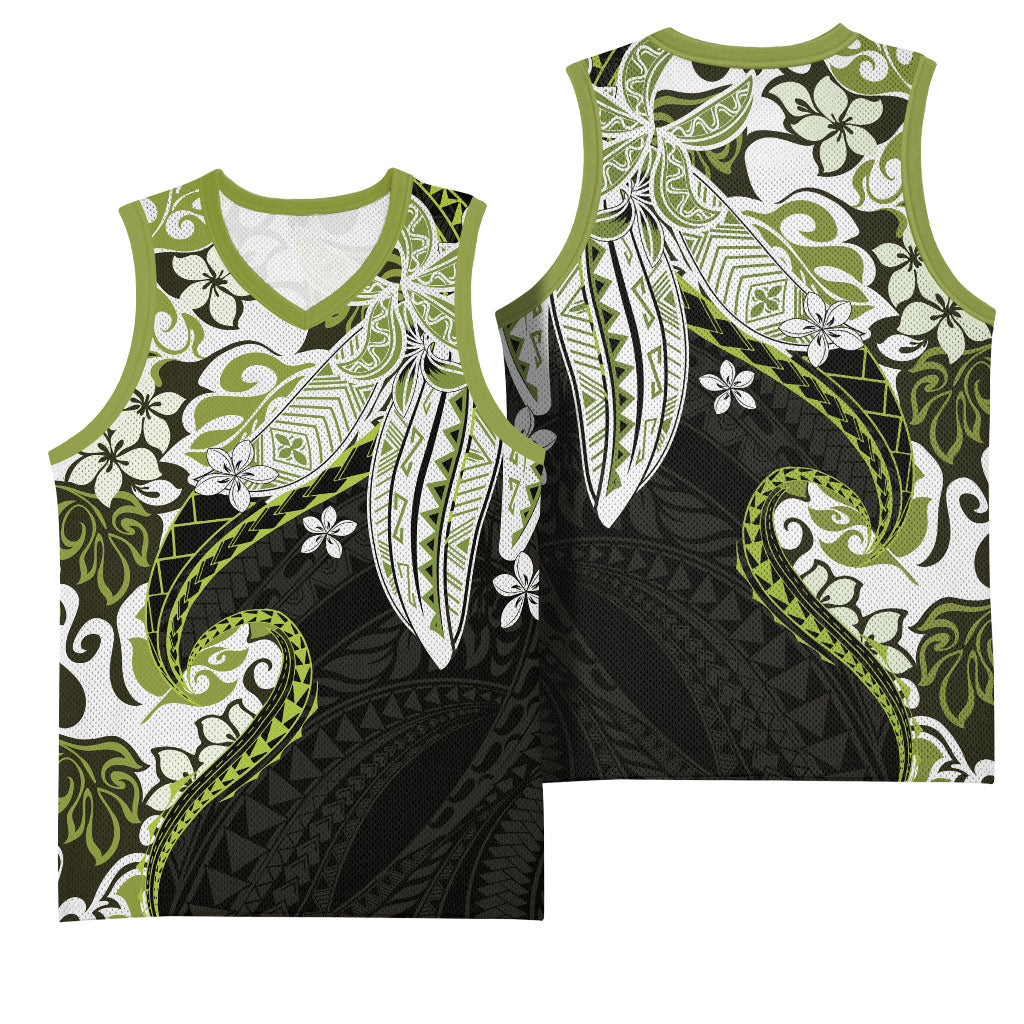 Monstera Plumeria Flowers Olive Green Basketball Jersey Polynesian Pattern