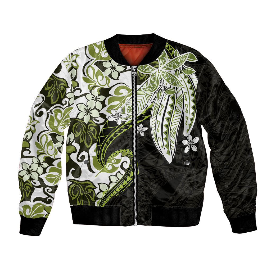 Monstera Plumeria Flowers Olive Green Bomber Jacket Polynesian Pattern