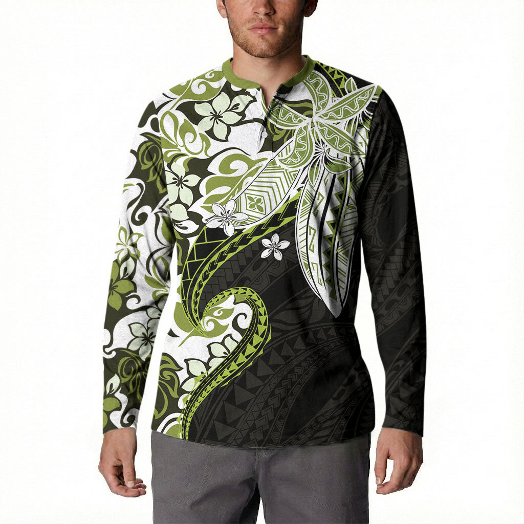 Monstera Plumeria Flowers Olive Green Button Sweatshirt Polynesian Pattern