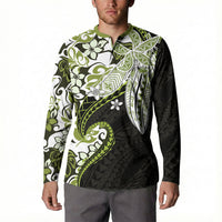 Monstera Plumeria Flowers Olive Green Button Sweatshirt Polynesian Pattern