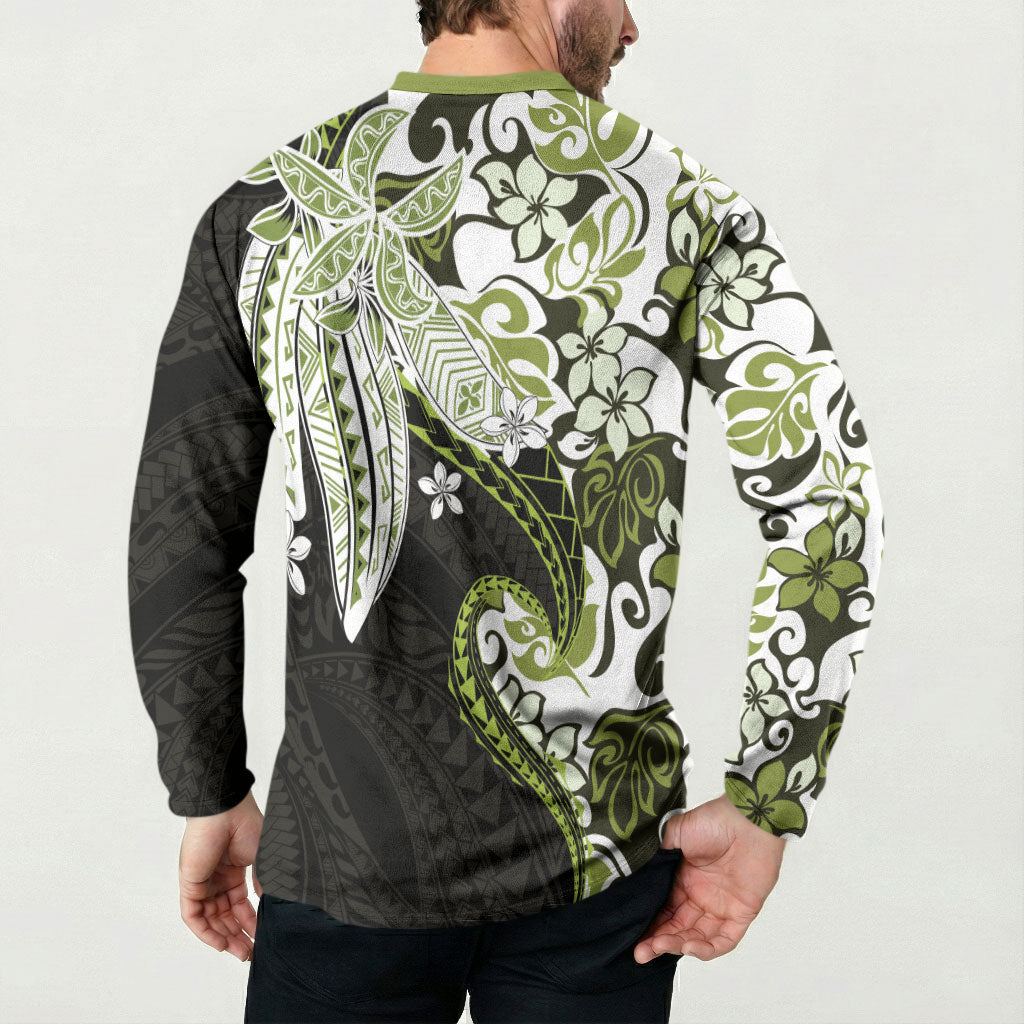 Monstera Plumeria Flowers Olive Green Button Sweatshirt Polynesian Pattern