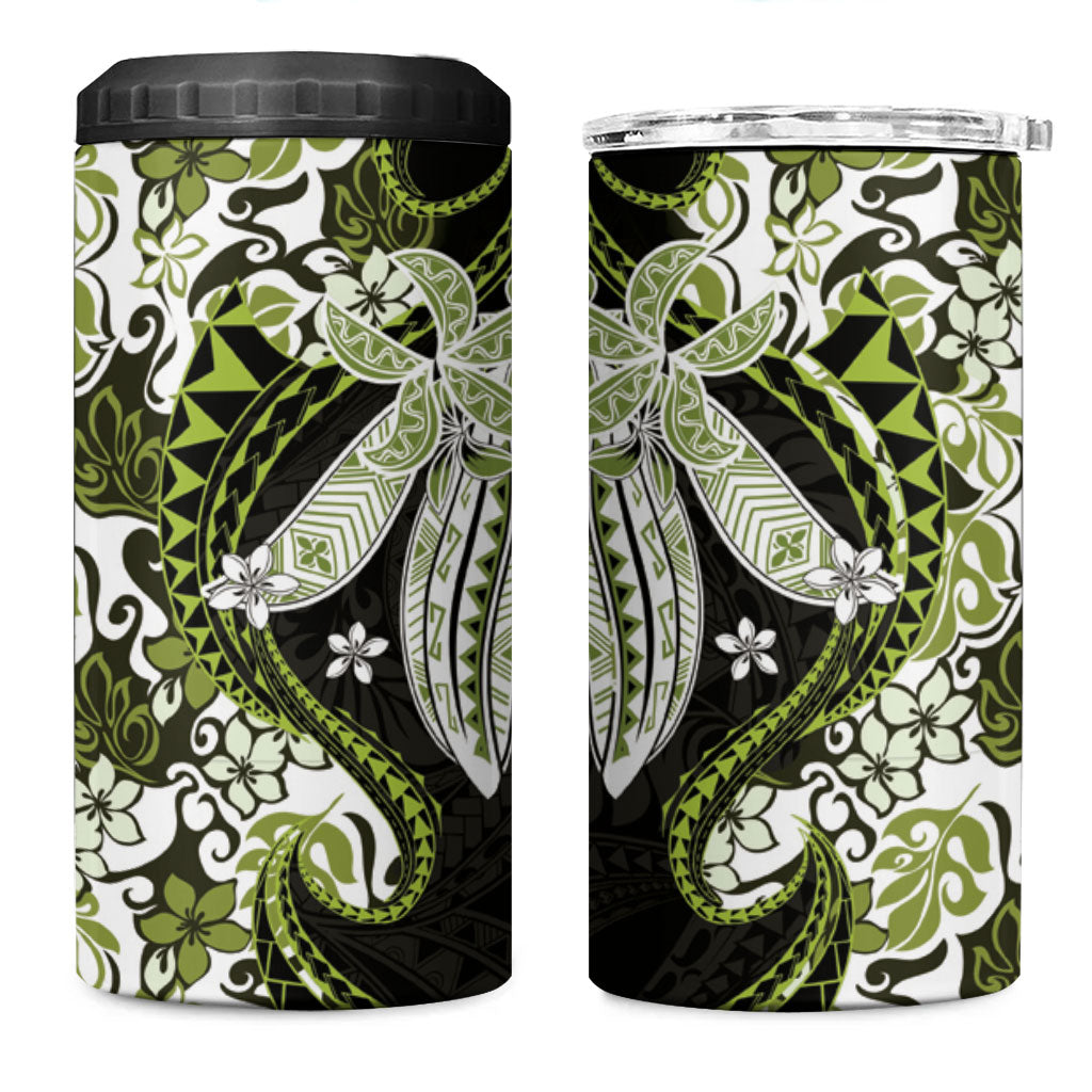 Monstera Plumeria Flowers Olive Green 4 in 1 Can Cooler Tumbler Polynesian Pattern